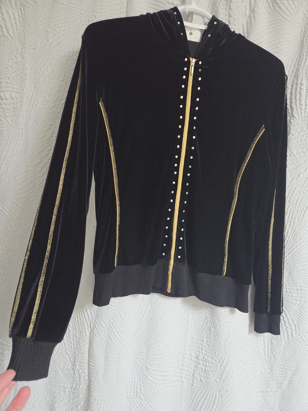 Vintage Black Velvet Zip-Up Hoodie Jacket with Gold Trim